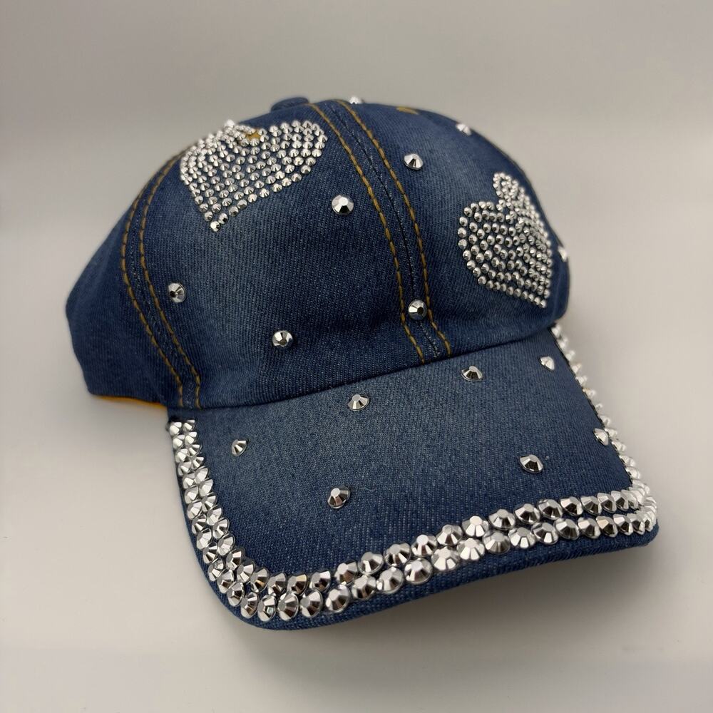 Women’s Blue Denim Baseball Cap Rhinestone Hearts Studded Bling Adjustable Hat